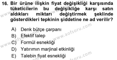 Maliye Politikası Dersi 2023 - 2024 Yılı (Final) Dönem Sonu Sınavı 16. Soru