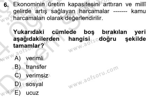 Maliye Politikası Dersi 2023 - 2024 Yılı (Final) Dönem Sonu Sınavı 6. Soru