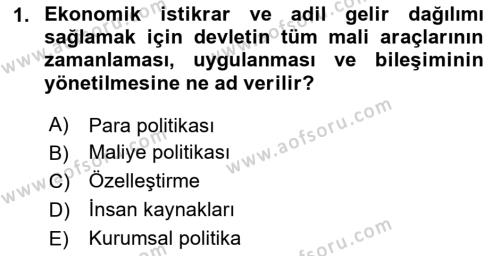 Maliye Politikası Dersi 2023 - 2024 Yılı Yaz Okulu Sınavı 1. Soru