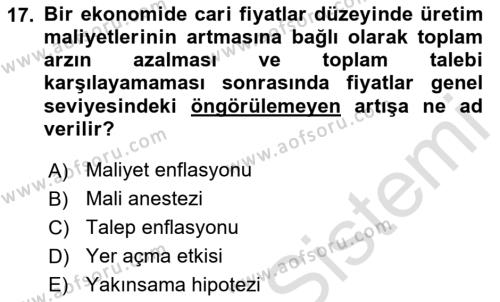 Maliye Politikası Dersi 2023 - 2024 Yılı Yaz Okulu Sınavı 17. Soru