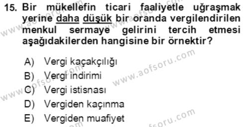 Vergi Planlaması Dersi 2021 - 2022 Yılı (Vize) Ara Sınavı 15. Soru