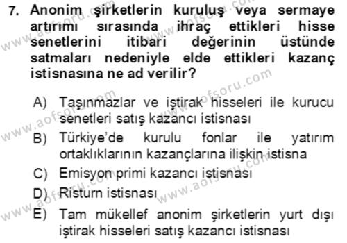 Vergi Planlaması Dersi 2021 - 2022 Yılı Yaz Okulu Sınavı 7. Soru