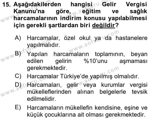 Vergi Planlaması Dersi 2023 - 2024 Yılı (Vize) Ara Sınavı 15. Soru