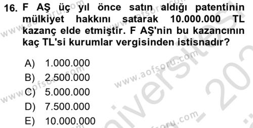 Vergi Planlaması Dersi 2023 - 2024 Yılı (Vize) Ara Sınavı 16. Soru