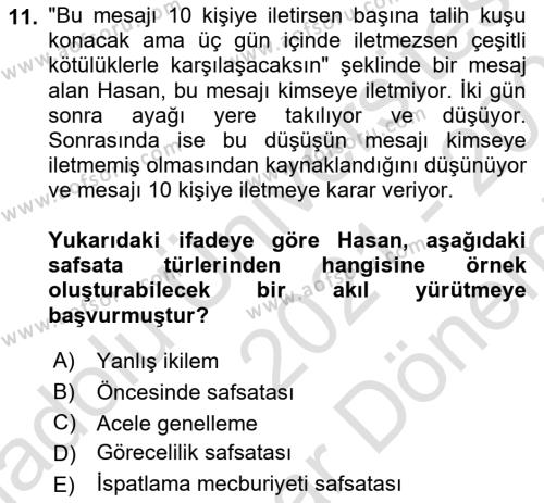 Klasik Mantık Dersi 2021 - 2022 Yılı (Final) Dönem Sonu Sınavı 11. Soru