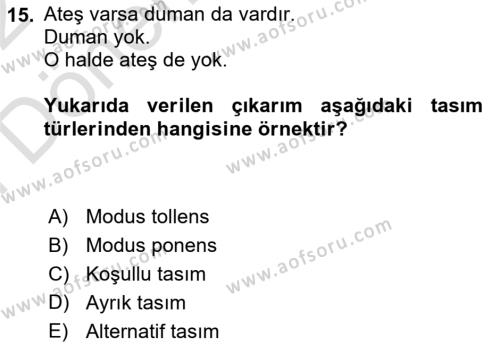 Klasik Mantık Dersi 2021 - 2022 Yılı (Final) Dönem Sonu Sınavı 15. Soru