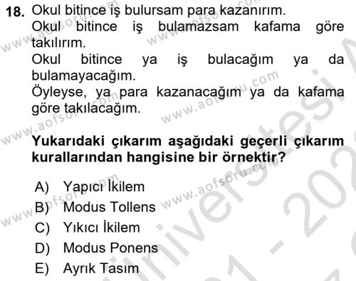 Klasik Mantık Dersi 2021 - 2022 Yılı Yaz Okulu Sınavı 18. Soru