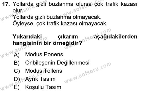 Klasik Mantık Dersi 2022 - 2023 Yılı Yaz Okulu Sınavı 17. Soru