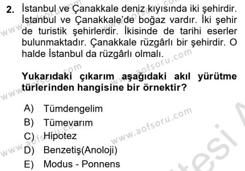 Klasik Mantık Dersi 2022 - 2023 Yılı Yaz Okulu Sınavı 2. Soru