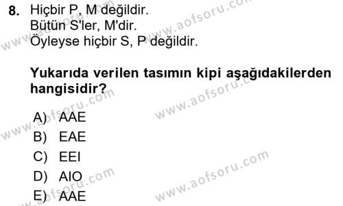 Klasik Mantık Dersi 2023 - 2024 Yılı (Final) Dönem Sonu Sınavı 8. Soru