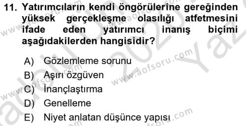 Menkul Kıymet Yatırımları Dersi 2020 - 2021 Yılı Yaz Okulu Sınavı 11. Soru