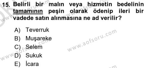 Menkul Kıymet Yatırımları Dersi 2020 - 2021 Yılı Yaz Okulu Sınavı 15. Soru