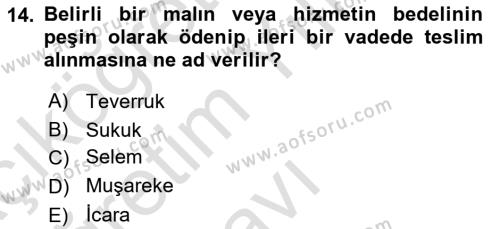 Menkul Kıymet Yatırımları Dersi 2021 - 2022 Yılı Yaz Okulu Sınavı 14. Soru