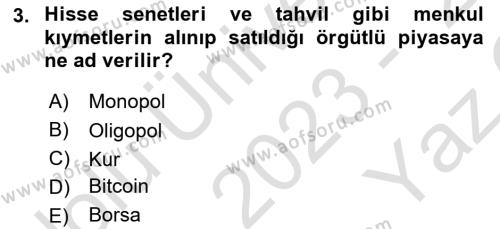 Menkul Kıymet Yatırımları Dersi 2023 - 2024 Yılı Yaz Okulu Sınavı 3. Soru