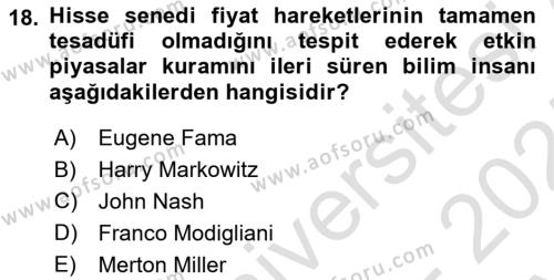 Menkul Kıymet Yatırımları Dersi 2024 - 2025 Yılı (Vize) Ara Sınavı 18. Soru