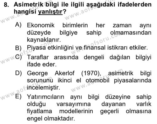 Menkul Kıymet Yatırımları Dersi 2024 - 2025 Yılı (Vize) Ara Sınavı 8. Soru