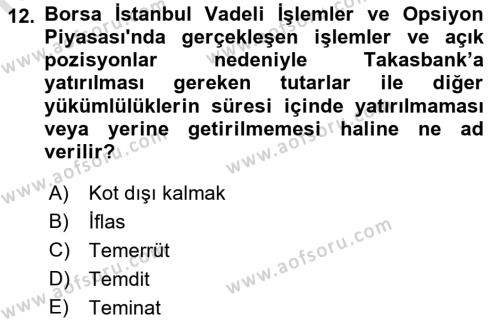 Borsaların Yapısı ve İşleyişi Dersi 2022 - 2023 Yılı Yaz Okulu Sınavı 12. Soru