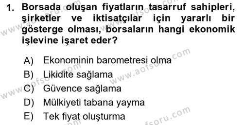 Borsaların Yapısı ve İşleyişi Dersi 2023 - 2024 Yılı (Vize) Ara Sınavı 1. Soru