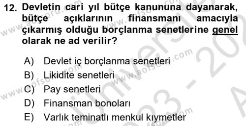 Borsaların Yapısı ve İşleyişi Dersi 2023 - 2024 Yılı (Vize) Ara Sınavı 12. Soru