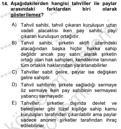 Borsaların Yapısı ve İşleyişi Dersi 2023 - 2024 Yılı (Vize) Ara Sınavı 14. Soru