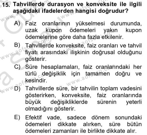 Borsaların Yapısı ve İşleyişi Dersi 2023 - 2024 Yılı (Vize) Ara Sınavı 15. Soru