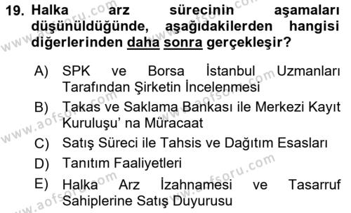 Borsaların Yapısı ve İşleyişi Dersi 2023 - 2024 Yılı (Vize) Ara Sınavı 19. Soru