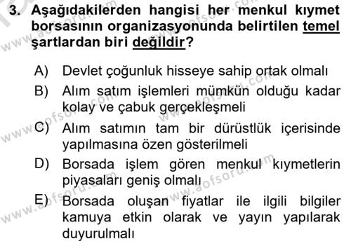 Borsaların Yapısı ve İşleyişi Dersi 2023 - 2024 Yılı (Final) Dönem Sonu Sınavı 3. Soru