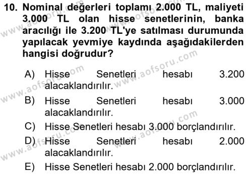 Genel Muhasebe Dersi 2020 - 2021 Yılı Yaz Okulu Sınavı 10. Soru