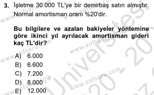 Genel Muhasebe Dersi 2020 - 2021 Yılı Yaz Okulu Sınavı 3. Soru