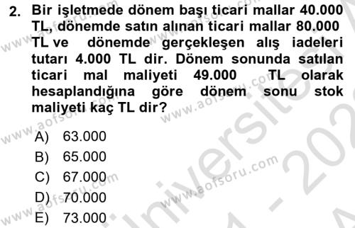 Genel Muhasebe Dersi 2021 - 2022 Yılı (Vize) Ara Sınavı 2. Soru