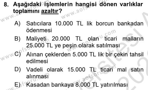 Genel Muhasebe Dersi 2021 - 2022 Yılı (Vize) Ara Sınavı 8. Soru