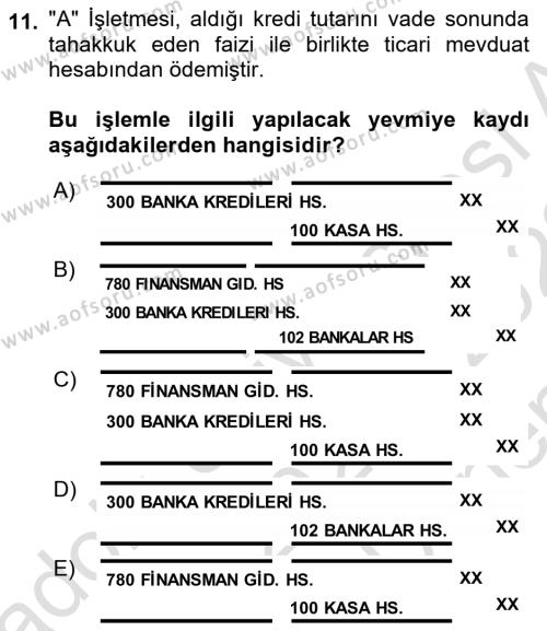 Genel Muhasebe Dersi 2021 - 2022 Yılı (Final) Dönem Sonu Sınavı 11. Soru