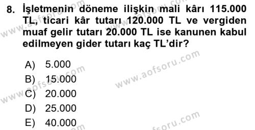 Genel Muhasebe Dersi 2023 - 2024 Yılı (Final) Dönem Sonu Sınavı 8. Soru