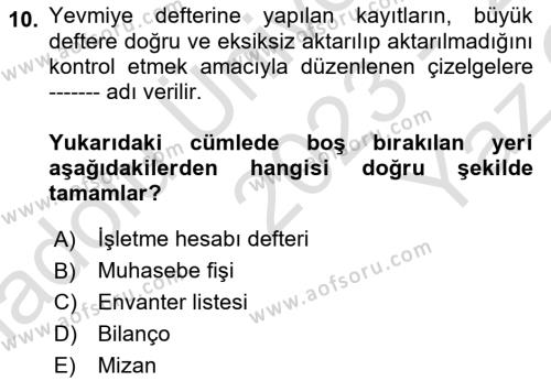 Genel Muhasebe Dersi 2023 - 2024 Yılı Yaz Okulu Sınavı 10. Soru