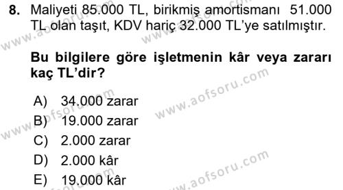 Genel Muhasebe Dersi 2023 - 2024 Yılı Yaz Okulu Sınavı 8. Soru