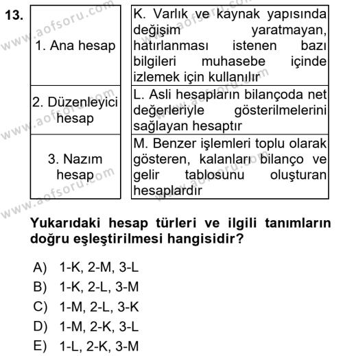 Genel Muhasebe Dersi 2024 - 2025 Yılı (Vize) Ara Sınavı 13. Soru