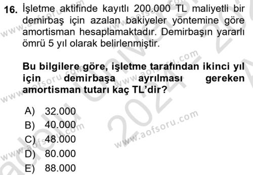 Genel Muhasebe Dersi 2024 - 2025 Yılı (Vize) Ara Sınavı 16. Soru