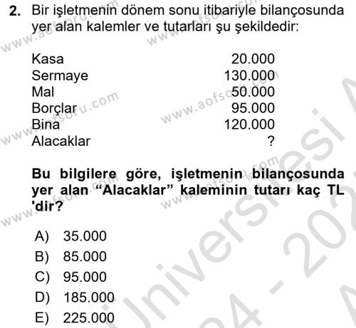 Genel Muhasebe Dersi 2024 - 2025 Yılı (Vize) Ara Sınavı 2. Soru