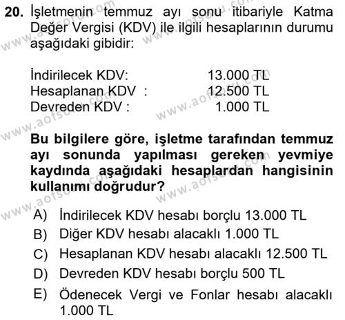 Genel Muhasebe Dersi 2024 - 2025 Yılı (Vize) Ara Sınavı 20. Soru