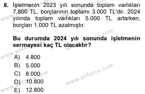 Genel Muhasebe Dersi 2024 - 2025 Yılı (Vize) Ara Sınavı 8. Soru