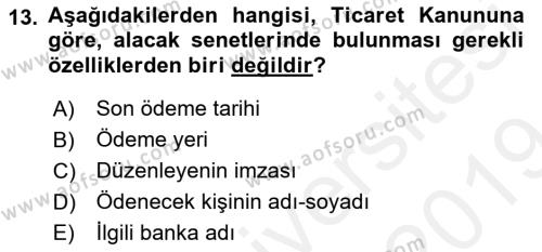 Ön Muhasebe Yazılımları Ve Kullanımı Dersi 2018 - 2019 Yılı (Final) Dönem Sonu Sınavı 13. Soru