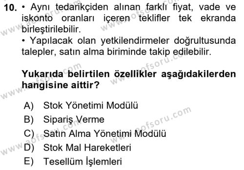 Ön Muhasebe Yazılımları Ve Kullanımı Dersi 2020 - 2021 Yılı Yaz Okulu Sınavı 10. Soru