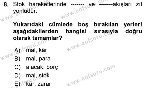 Ön Muhasebe Yazılımları Ve Kullanımı Dersi 2020 - 2021 Yılı Yaz Okulu Sınavı 8. Soru