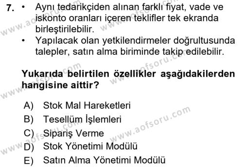 Ön Muhasebe Yazılımları Ve Kullanımı Dersi 2021 - 2022 Yılı (Final) Dönem Sonu Sınavı 7. Soru