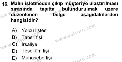 Ön Muhasebe Yazılımları Ve Kullanımı Dersi 2021 - 2022 Yılı Yaz Okulu Sınavı 16. Soru
