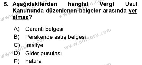 Ön Muhasebe Yazılımları Ve Kullanımı Dersi 2021 - 2022 Yılı Yaz Okulu Sınavı 5. Soru