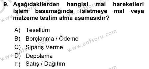 Ön Muhasebe Yazılımları Ve Kullanımı Dersi 2021 - 2022 Yılı Yaz Okulu Sınavı 9. Soru