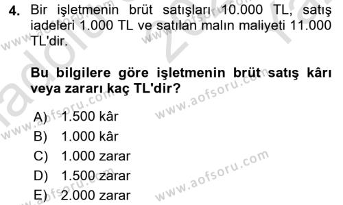 Genel Muhasebe 1 Dersi 2023 - 2024 Yılı Yaz Okulu Sınavı 4. Soru