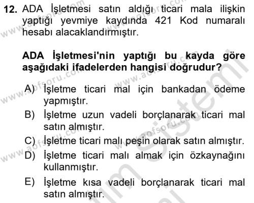 Genel Muhasebe 1 Dersi 2024 - 2025 Yılı (Vize) Ara Sınavı 12. Soru