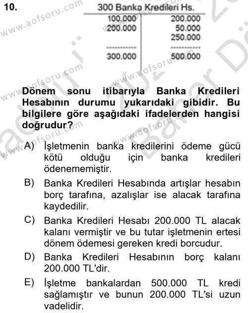 Genel Muhasebe 2 Dersi 2021 - 2022 Yılı (Vize) Ara Sınavı 10. Soru